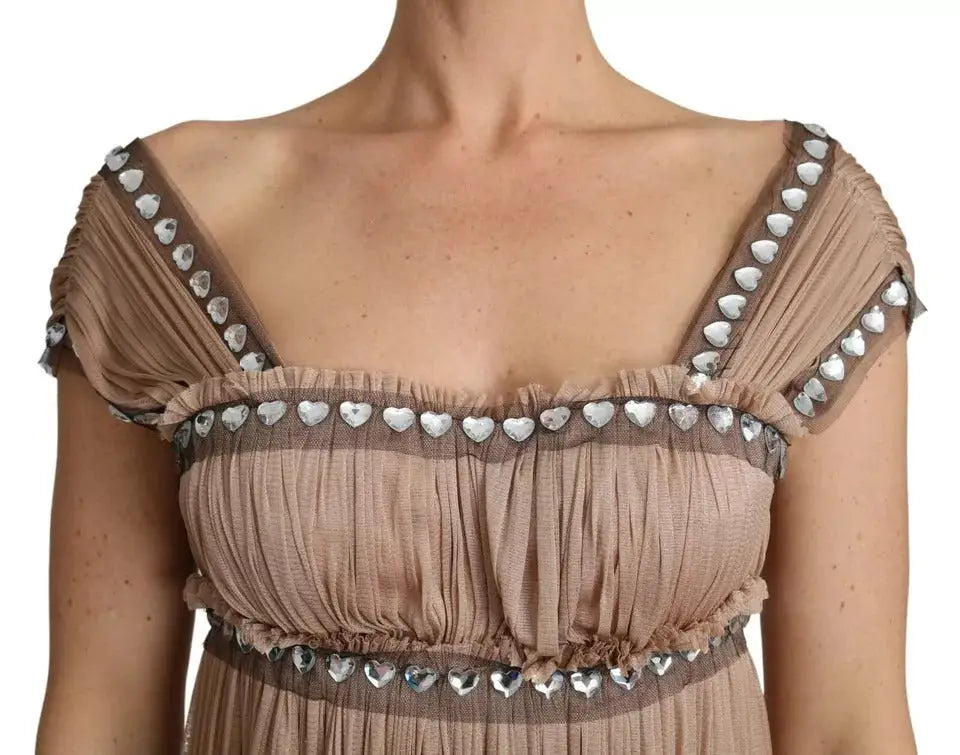 Dolce & gabbana robe longue marron en soie sans manches avec détail froncé taupe et embellissements argentés en forme de cœur