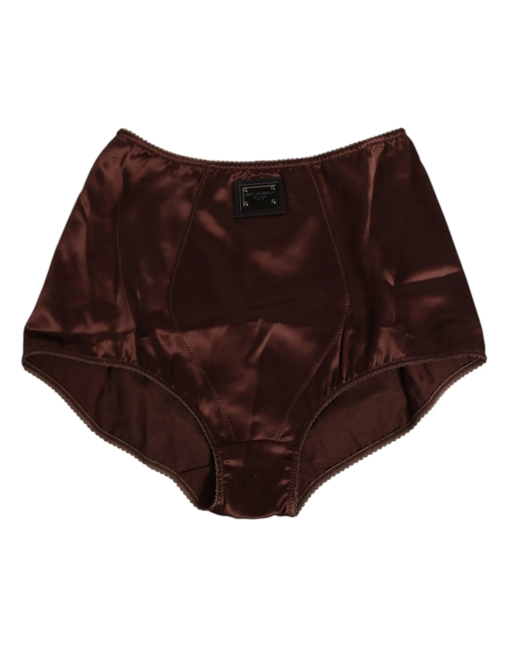 Culotte taille haute satin brun foncé avec patch marque noir devant dolce & gabbana en soie stretch