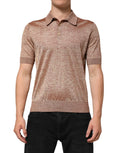 Polo dolce & gabbana en soie marron texturé à manches courtes avec rayures horizontales et poignets côtelés