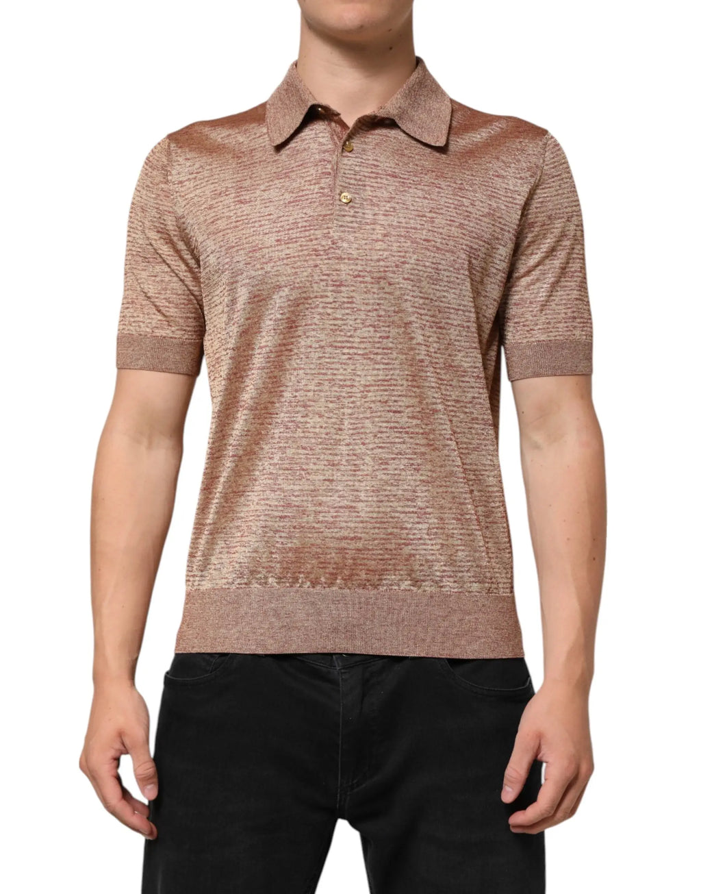 Polo shirt dolce & gabbana en soie marron texturée à manches courtes avec rayures horizontales subtiles et poignets côtelés