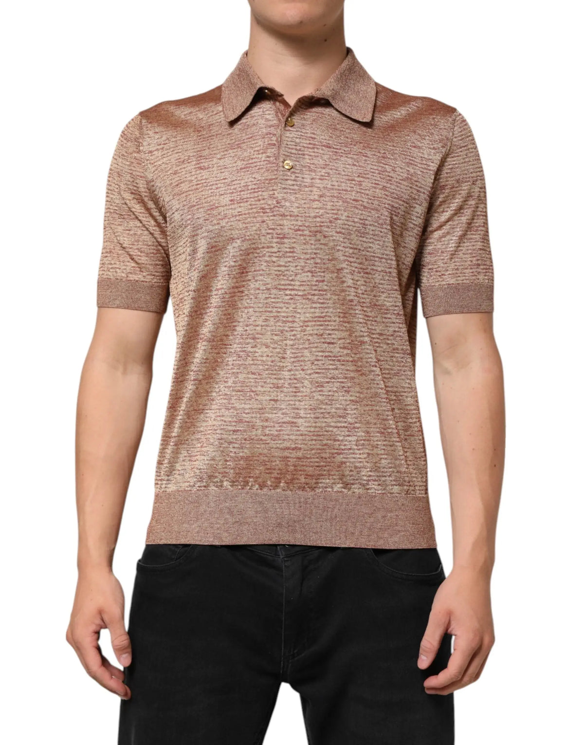 Polo shirt dolce & gabbana en soie marron texturée à manches courtes avec rayures horizontales subtiles et poignets côtelés