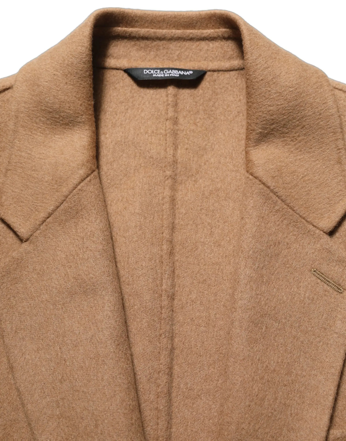 Manteau camel dolce gabbana en laine douce texturée avec col classique et coutures subtiles, pour un look élégant