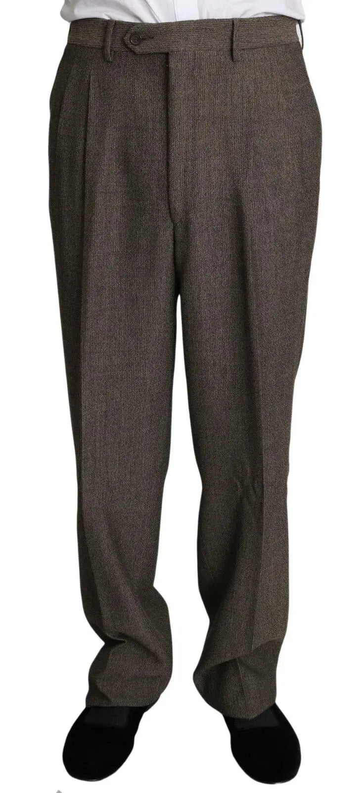 Pantalon en laine marron texturé dolce & gabbana avec motif chevrons subtil et passants pour ceinture