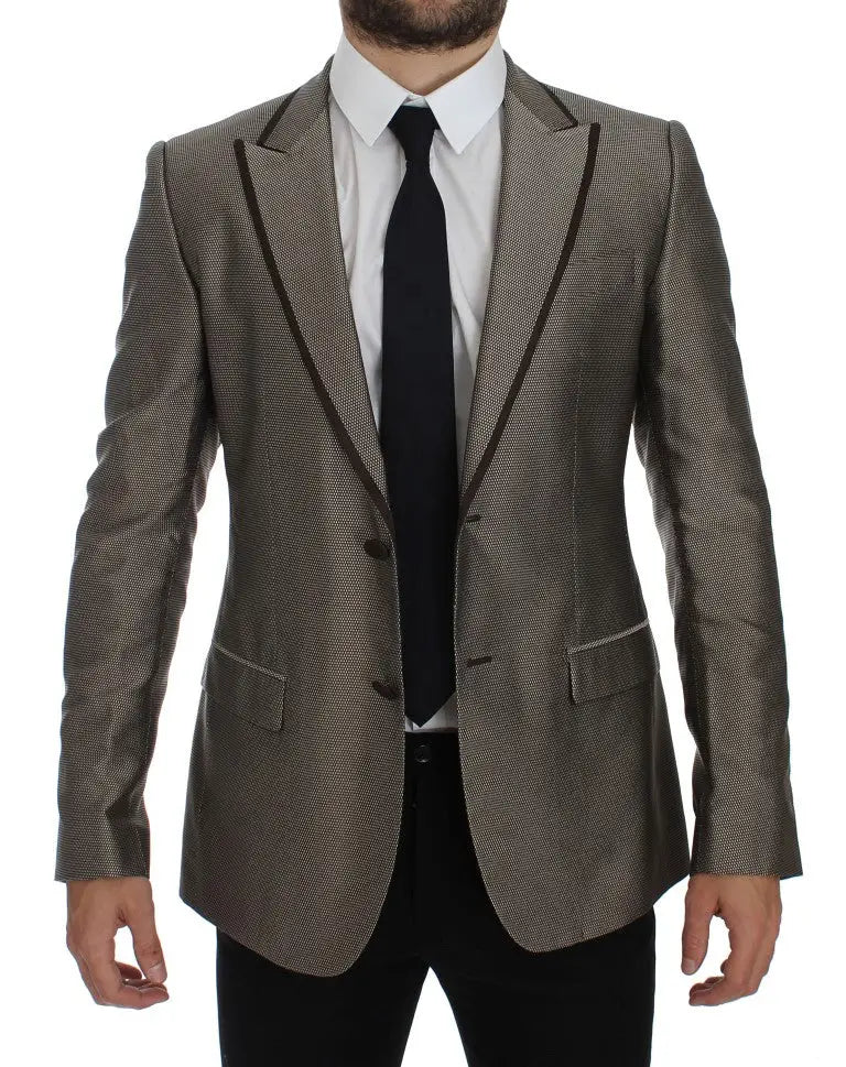 Blazer deux boutons slim fit en soie marron dolce & gabbana avec motif texturé gris et bordure noire contrastée