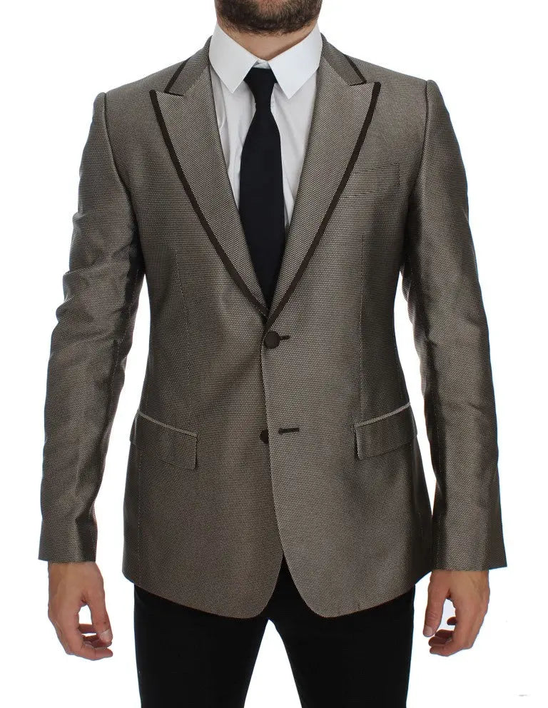 Blazer slim en soie marron dolce & gabbana à deux boutons avec motif texturé gris et col noir contrastant porté sur chemise blanche et cravate noire