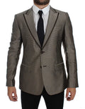 Blazer slim en soie marron dolce & gabbana à deux boutons avec motif texturé gris et col noir contrastant porté sur chemise blanche et cravate noire