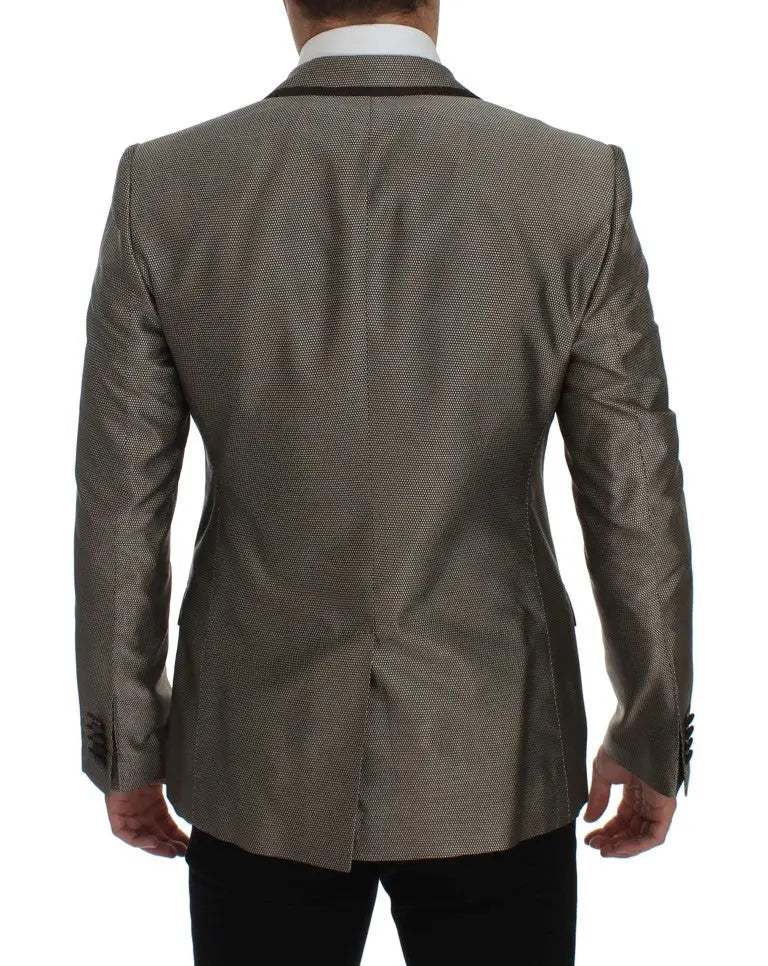 Un blazer slim fit en soie marron dolce & gabbana avec un motif texturé gris et des bordures sombres contrastées