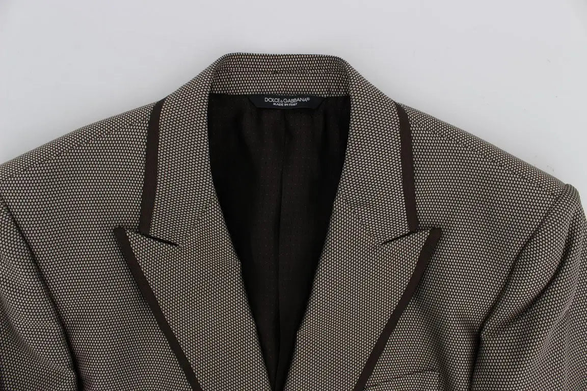 Dolce & Gabbana blazer homme slim fit en soie marron à motifs carreaux texturés avec bordure foncée contrastante