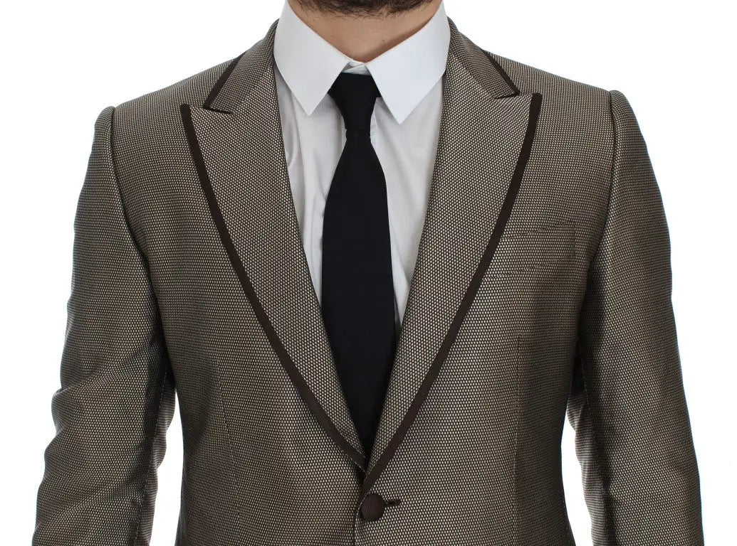 Blazer slim fit en soie marron dolce & gabbana avec texture et bordure noire contrastante sur les revers et bords
