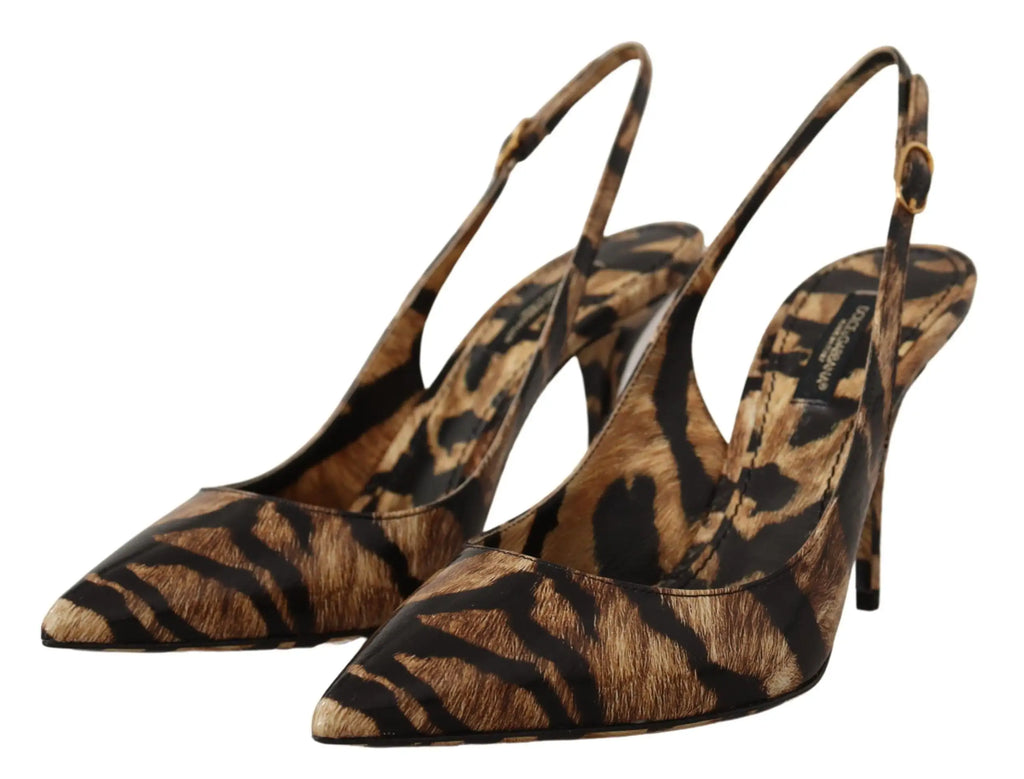 Dolce gabbana chaussures marron en cuir avec talon haut et bride arrière en daim imprimé tigre avec boucle dorée