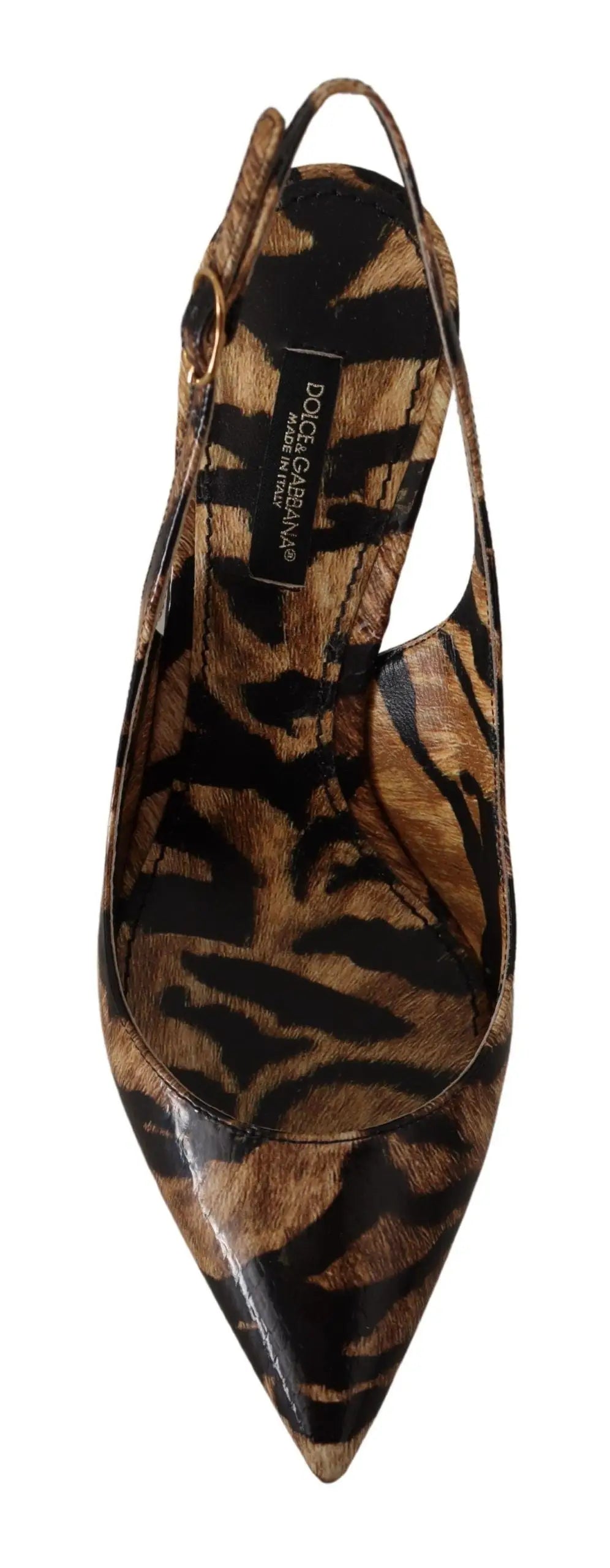 Dolce & gabbana slingback en cuir brun avec imprimé tigre satin et doublure en cuir noir avec bout pointu