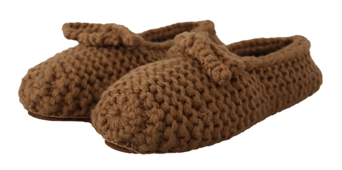 Dolce & gabbana ballerines marron en laine tricotée avec motif crochet et petit nœud sur le devant