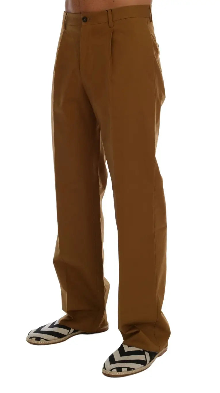 Pantalon marron dolce & gabbana en coton stretch avec coupe droite classique et plis sur le devant