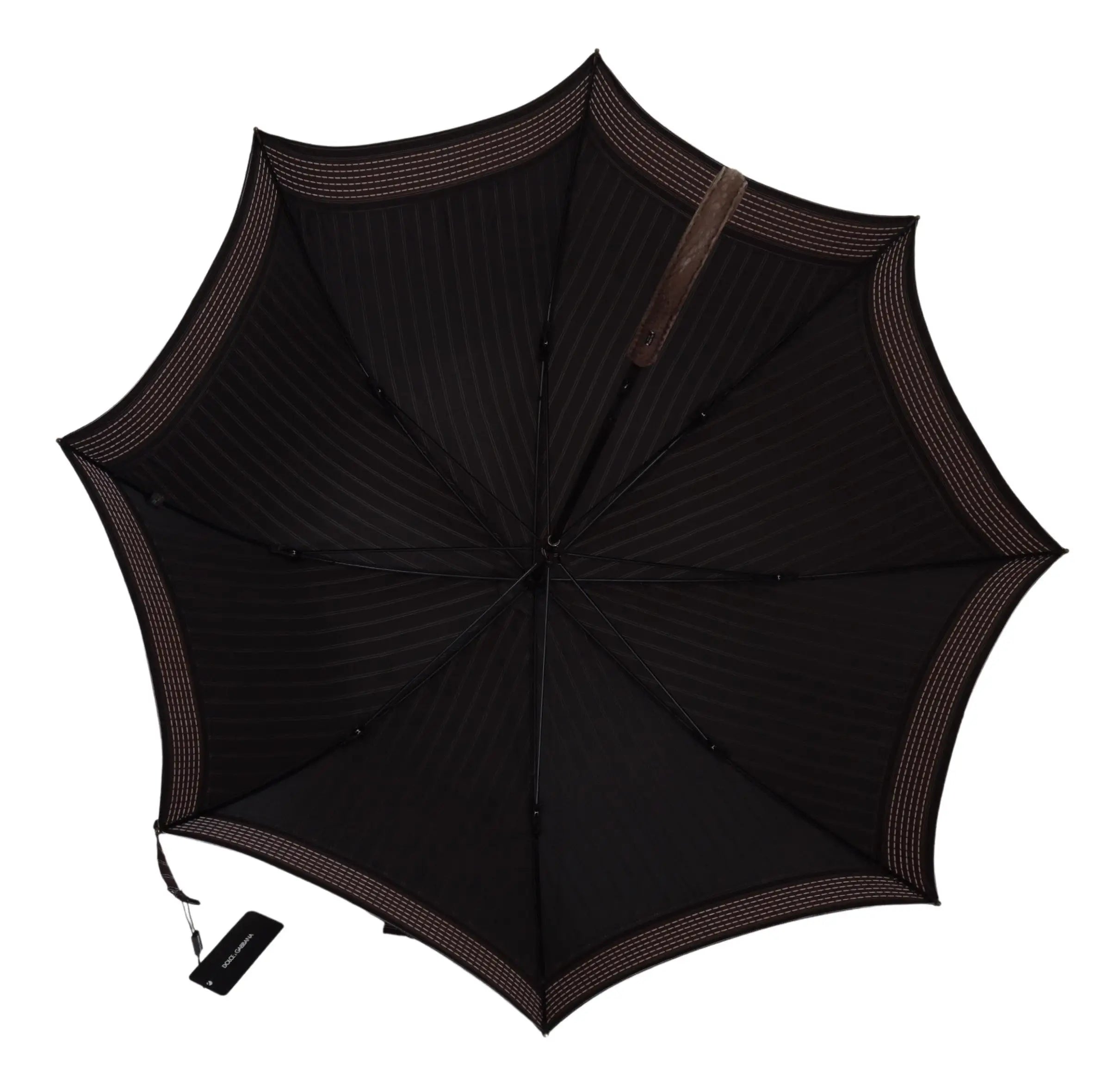 Parapluie pliant dolce & gabbana noir avec coutures marron subtiles et poignée en cuir marron rayée sartoria