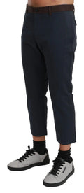 Pantalon court dolce & gabbana bleu marine à rayures verticales fines avec ceinture marron en tissu tapered