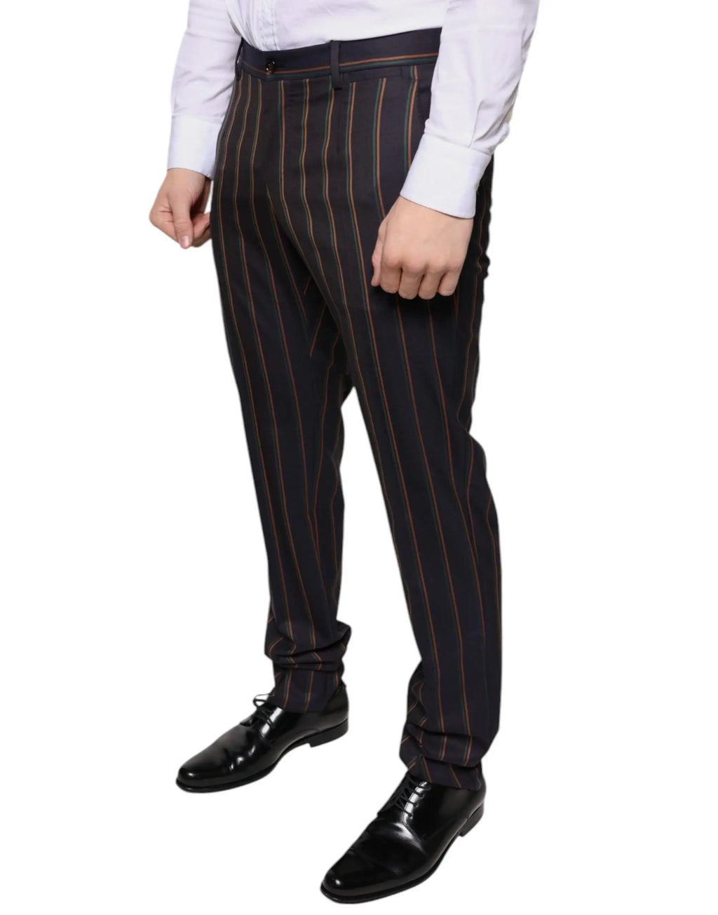 Pantalon homme doux et gabbana skinny bleu marine avec fines rayures verticales dorées et rouges
