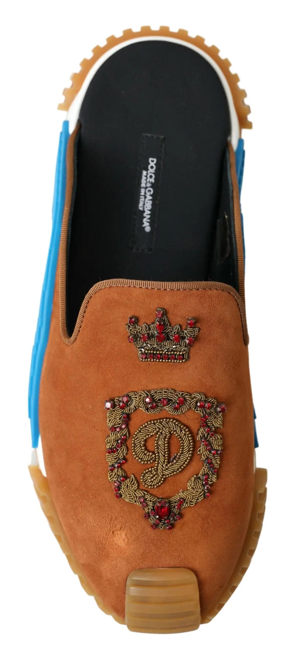 Dolce & Gabbana brown suede crown logo ns1 slides with gold embroidered crest red jewels blue side panels and chunky sole