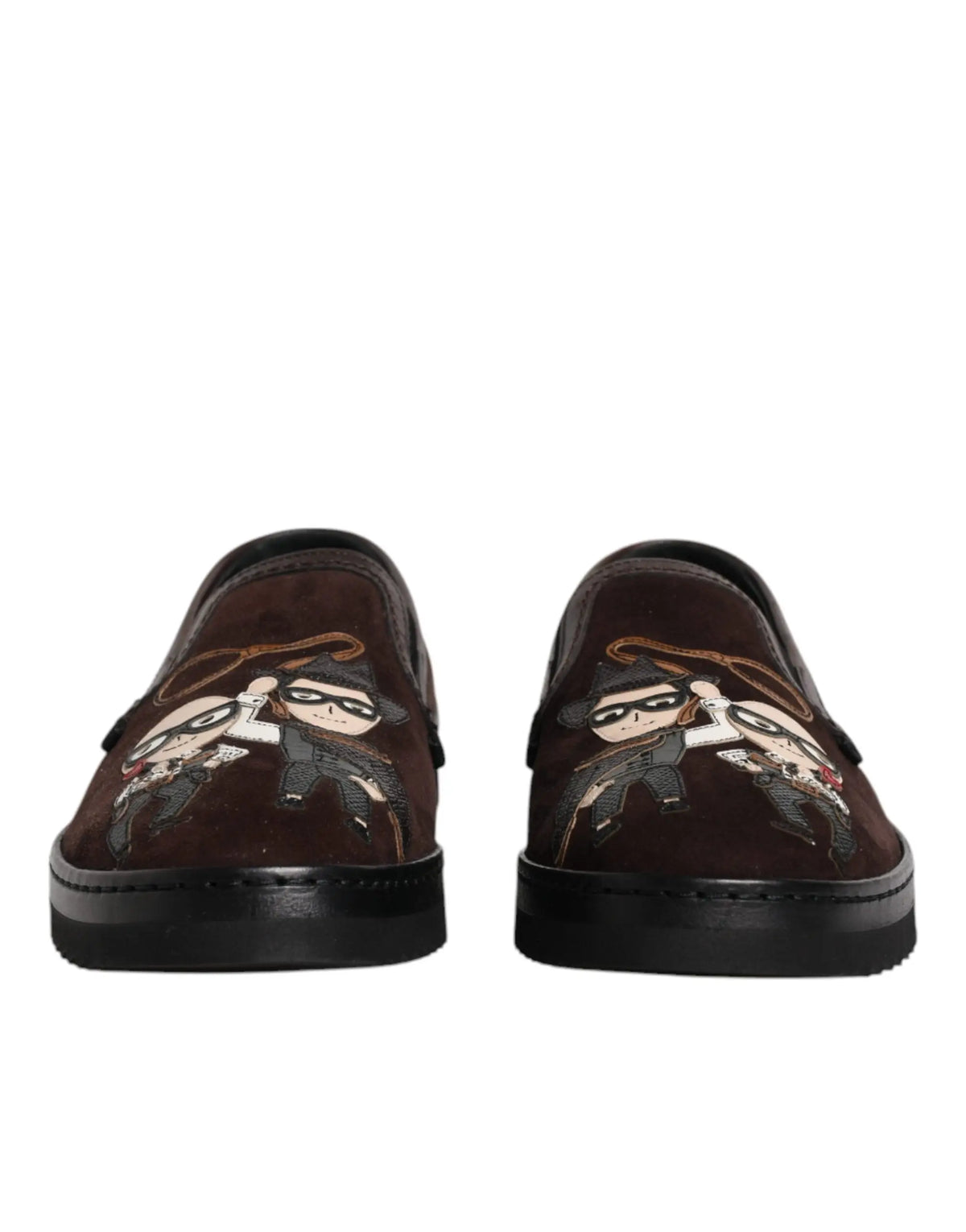 Dolce & gabbana chaussures plates en daim marron avec personnages de dessins animés brodés en noir et blanc