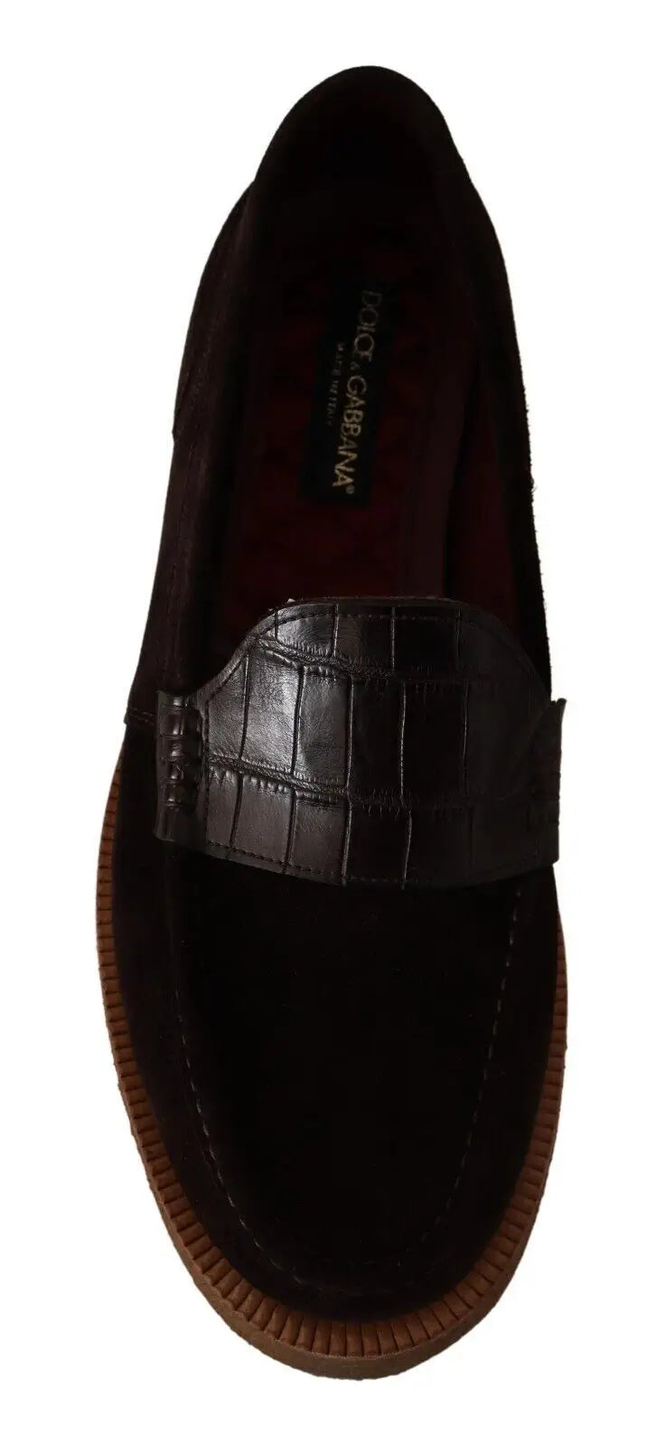 Dolce & gabbana mocassins marron en cuir suédé avec bride en cuir noir texturé crocodile pour un style élégant