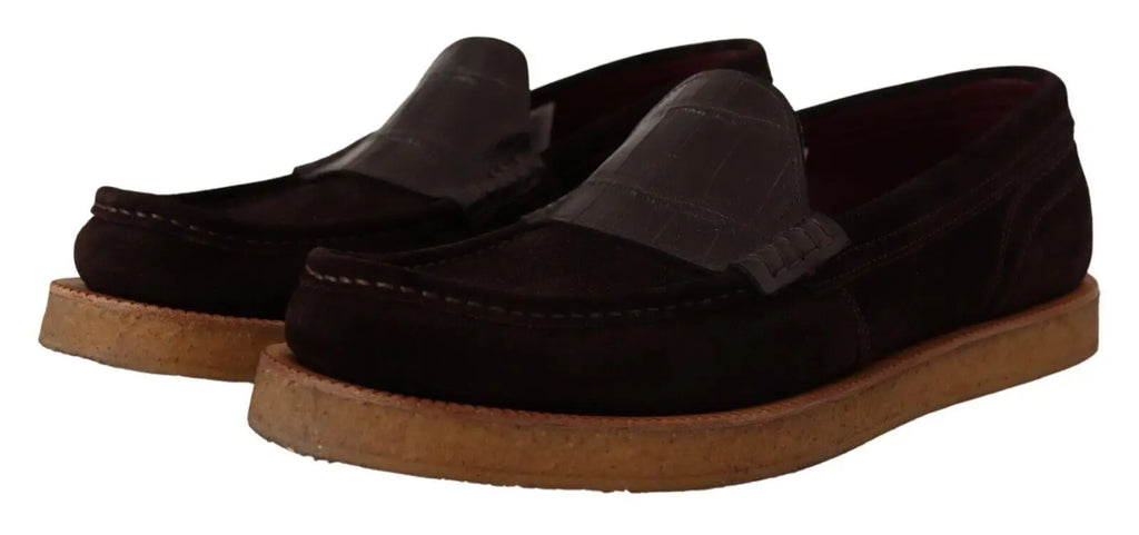 Dolce & gabbana mocassins marron en cuir suédé avec bride en cuir embossé crocodile brun foncé sur le bout