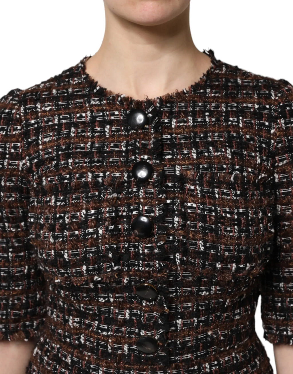 Robe mini ligne a avec manches courtes en tweed marron et noir à motif tissé et cinq boutons noirs brillants dolce gabbana