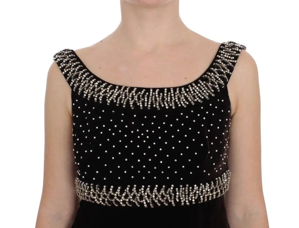 Robe en velours marron dolce & gabbana à motif pois avec perles argentées sur épaules et ourlet
