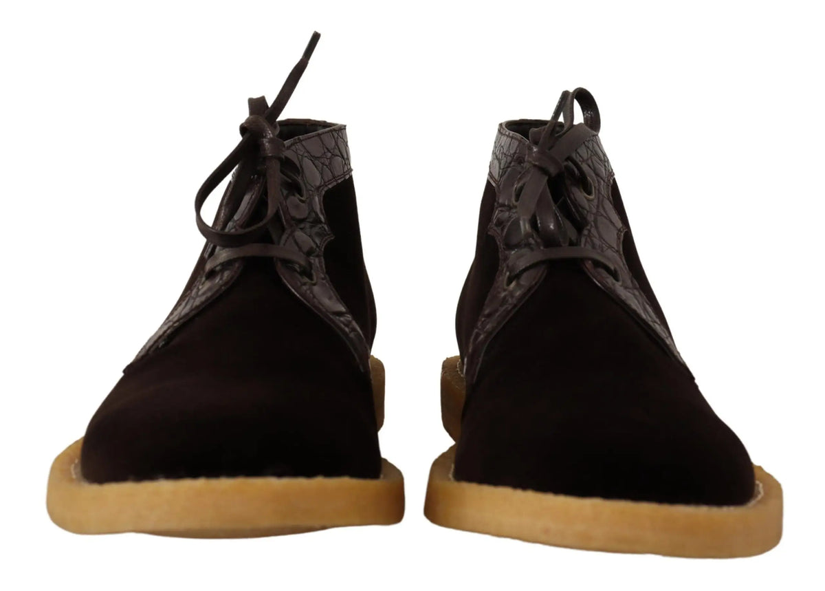 Dolce & gabbana brown velvet exotic leather boots with black suede chukka style crocodile-patterned accents and tan soles