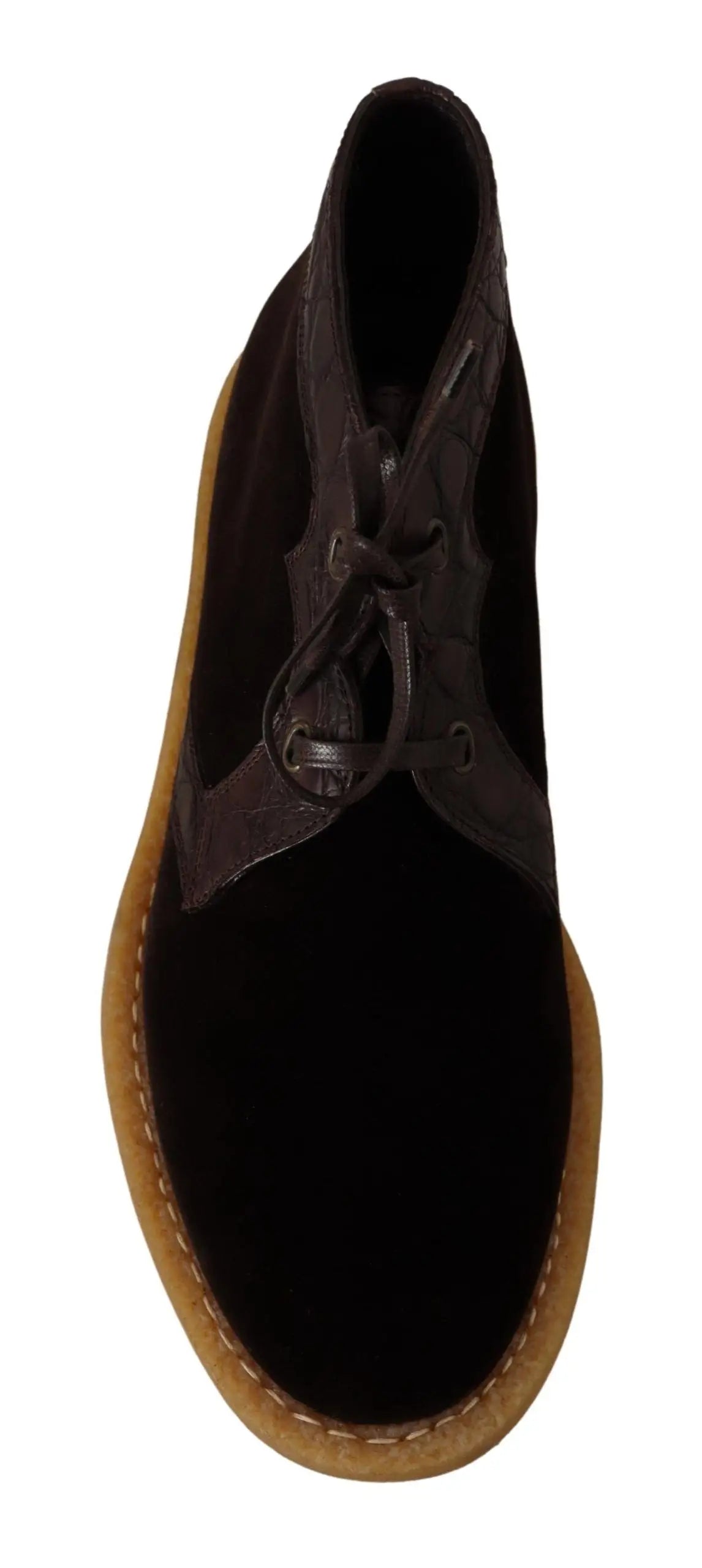 Dolce & gabbana brown velvet exotic leather boots with black suede chukka design and tan rubber sole with stitching