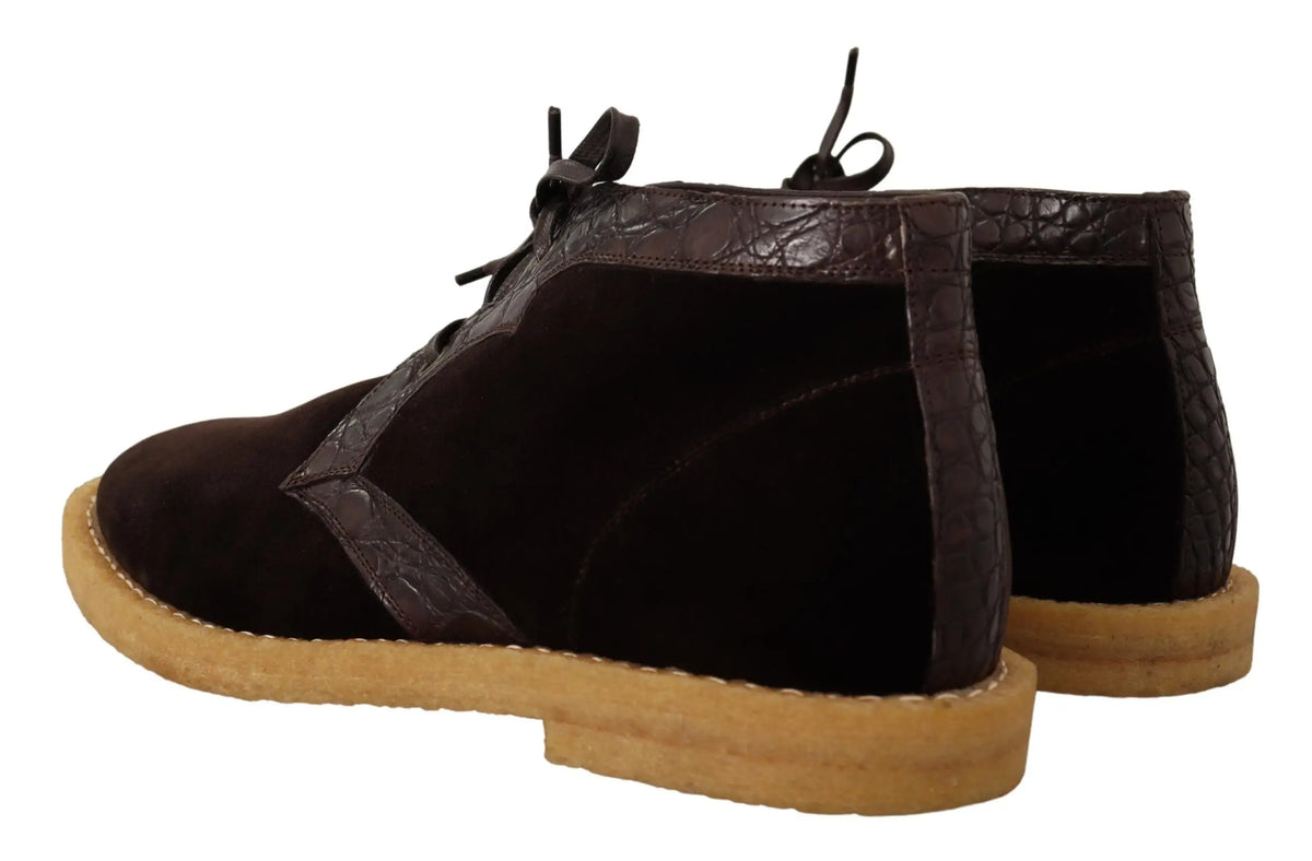 Bottes dolce & gabbana en velours marron avec cuir exotique embossé crocodile et semelles en caoutchouc tan