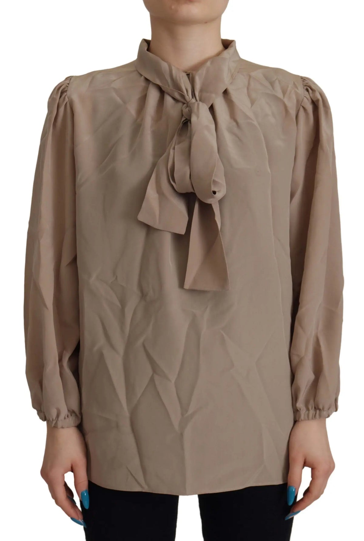Blouse dolce & gabbana beige en satin avec encolure froncée manches longues et ceinture marron