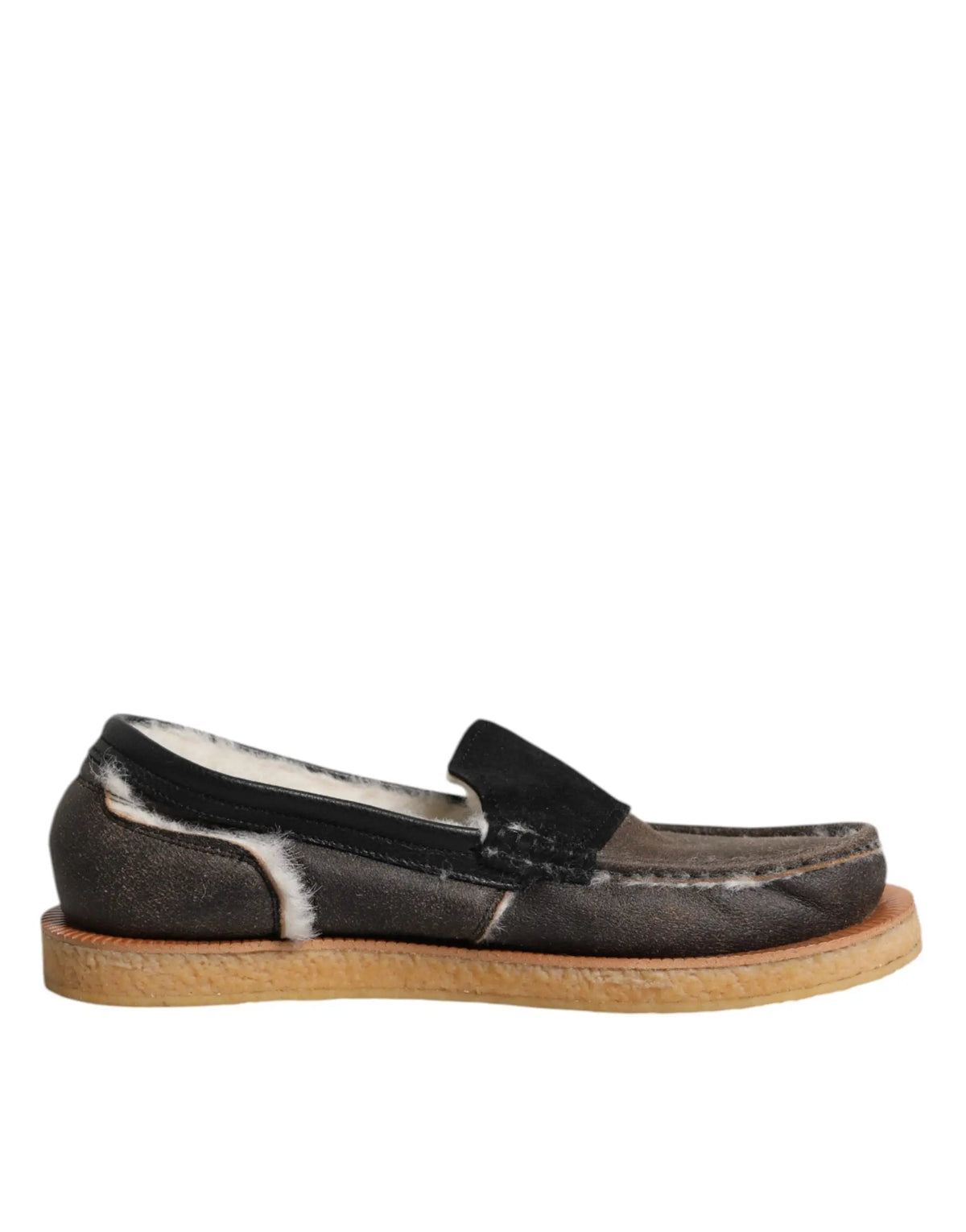 Dolce & gabbana loafers en cuir de veau marron avec doublure blanche en shearling et semelle en caoutchouc beige