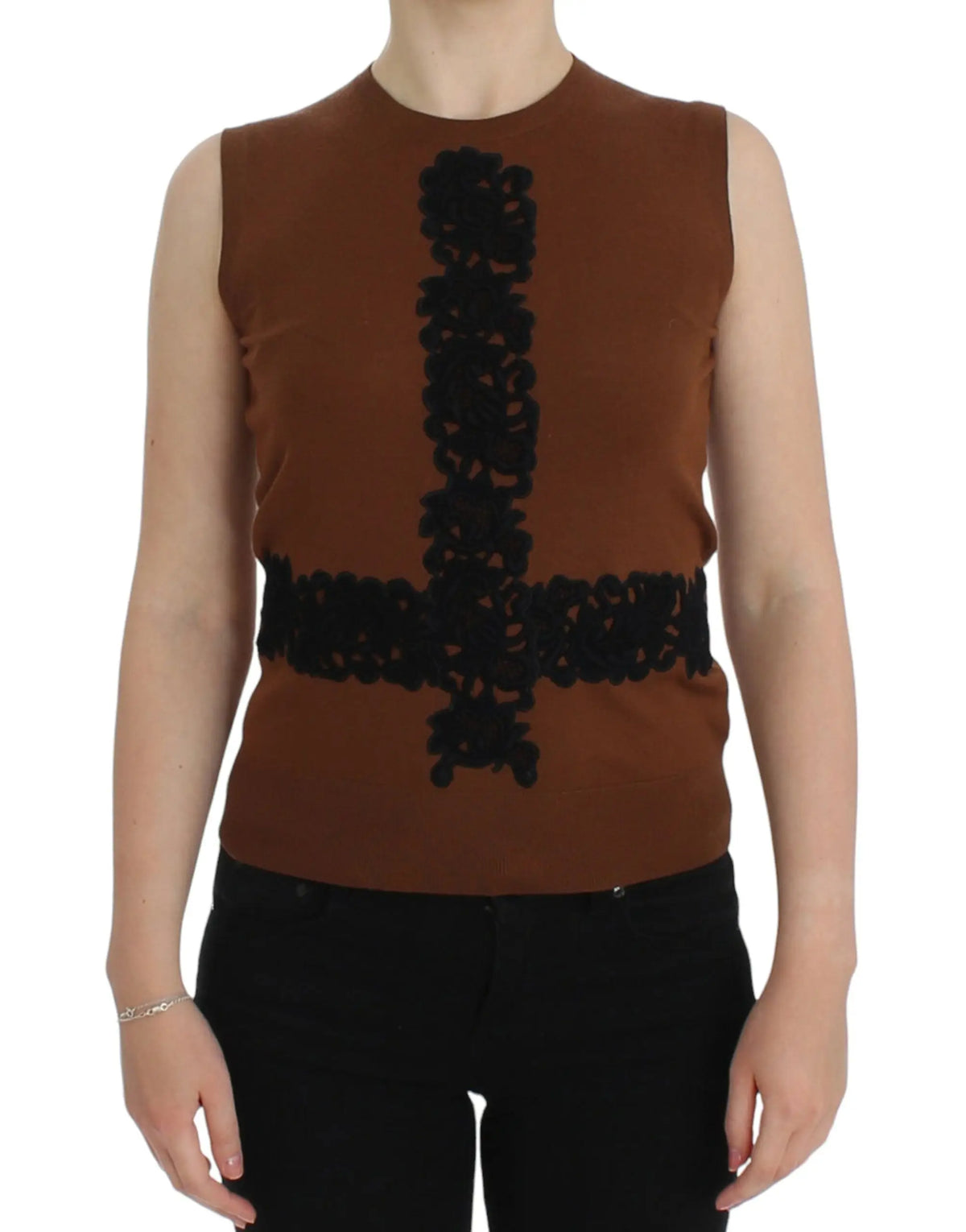 Dolce & gabbana brown wool sleeveless vest sweater top with bold black textured embroidered cross design