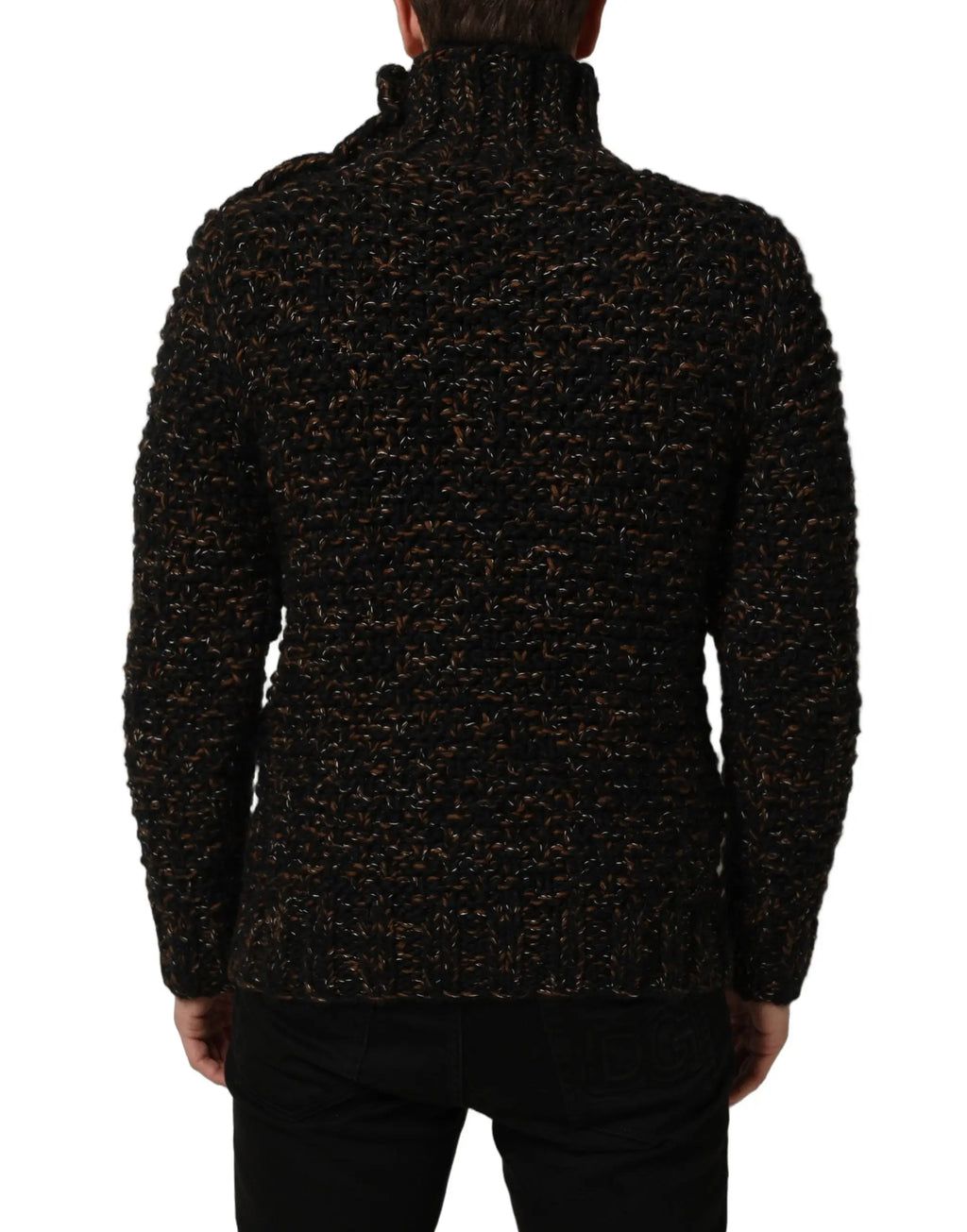 Dolce & gabbana pull col roulé en maille torsadée noire et marron en laine avec motif côtelé épais