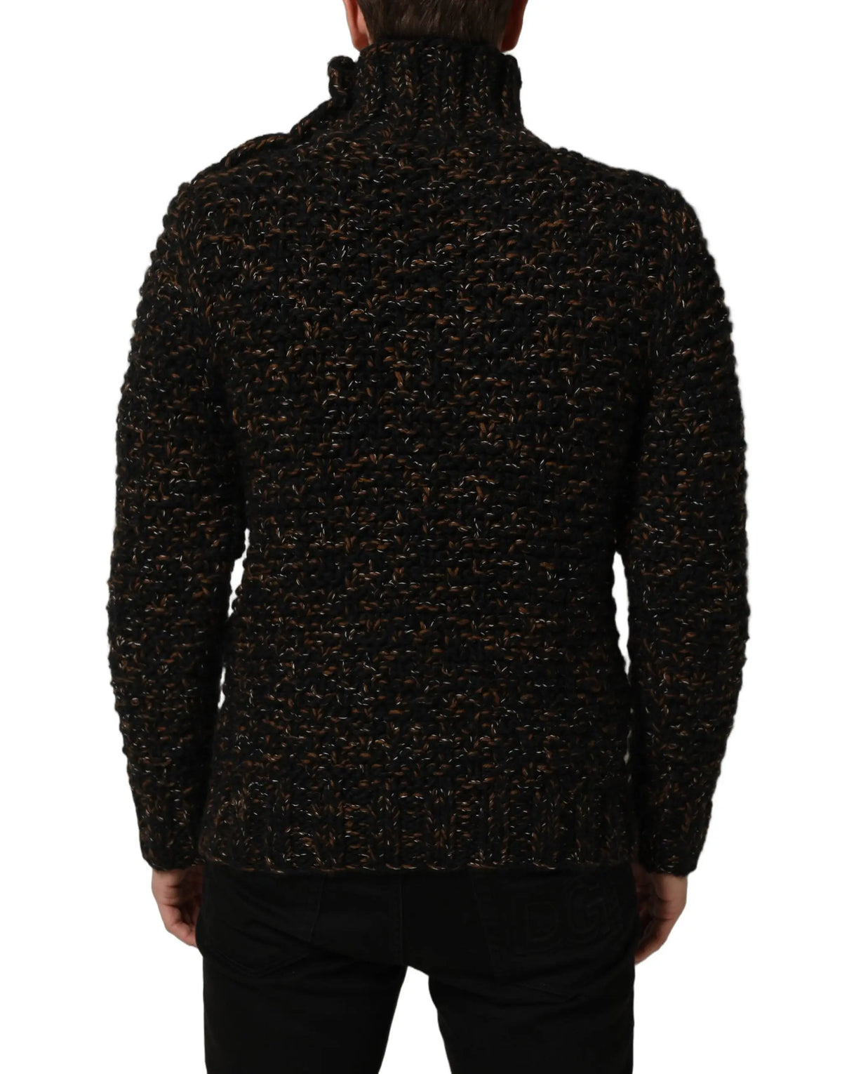 Dolce & gabbana pull col roulé en maille torsadée noire et marron en laine avec motif côtelé épais