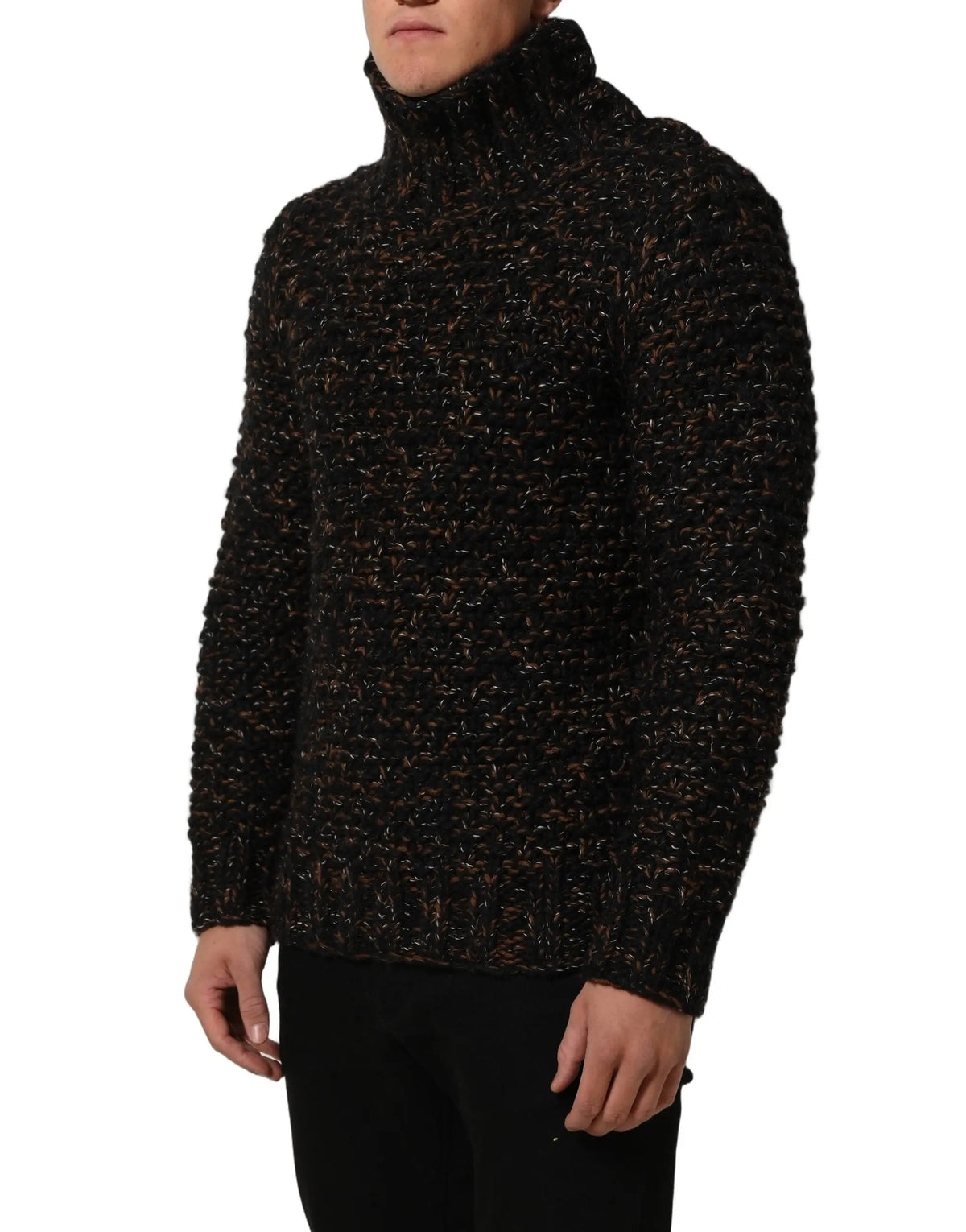 Dolce & gabbana pull en laine marron à col roulé tricoté avec texture noire et marron en fil épais pelucheux