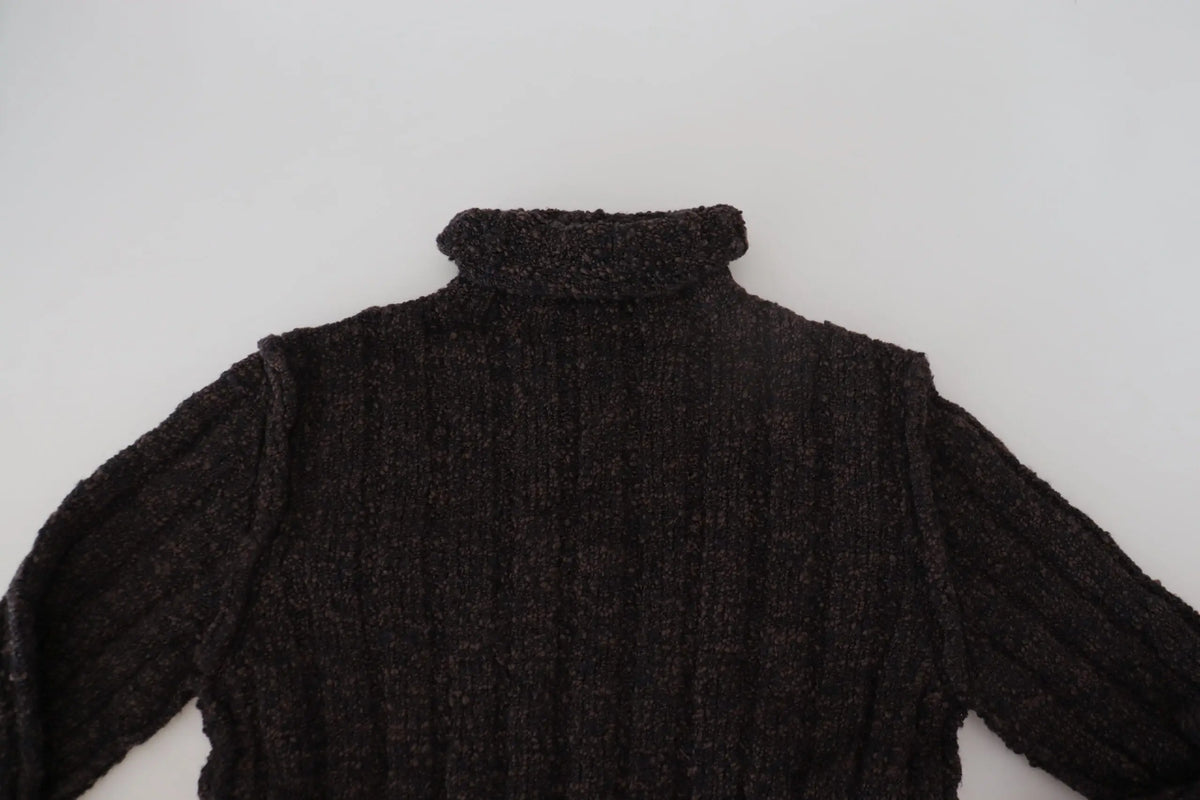 Pull dolce & gabbana en laine marron à col roulé avec tricot côtelé noir texturé légèrement scintillant