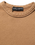 Pull court marron dolce & gabbana en laine avec manches courtes col rond côtelé et texture fine en maille