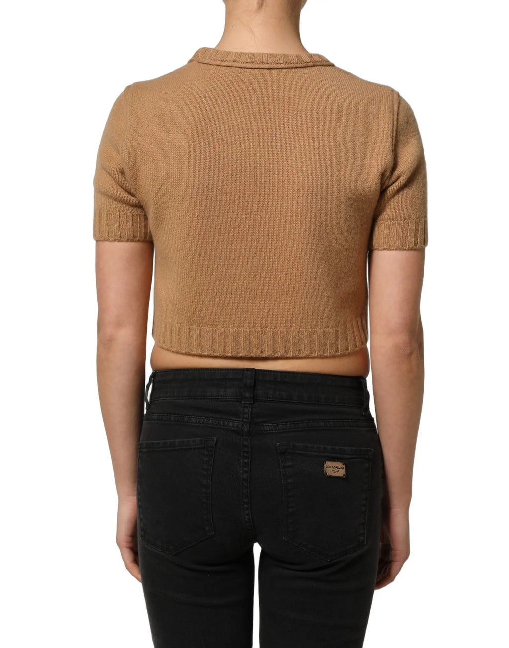 Pull tricoté court à manches courtes camel en laine dolce gabbana avec col et ourlet côtelés