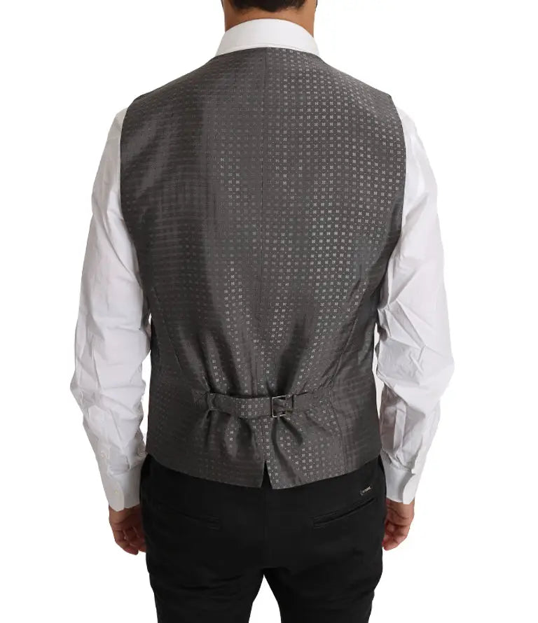 Dolce & gabbana brown wool silk waistcoat vest gris élégant avec motif géométrique subtil et boucle de ceinture assortie