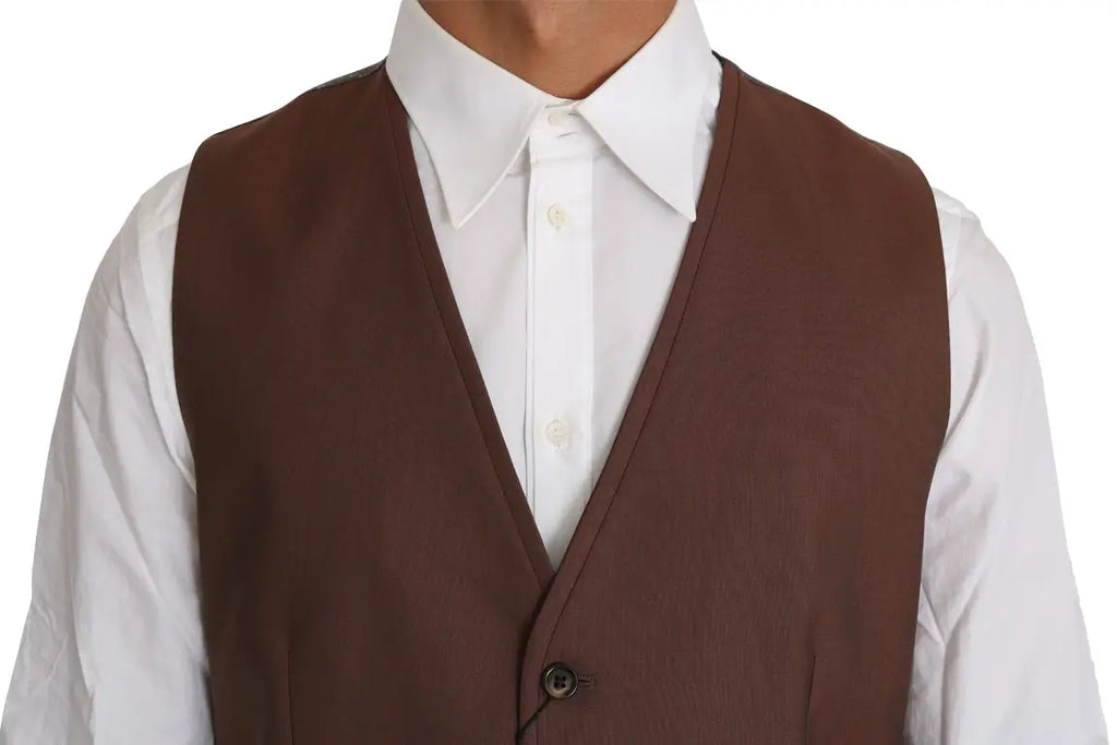 Dolce & gabbana brown wool silk waistcoat vest with single button closure and subtle vertical seam detailing