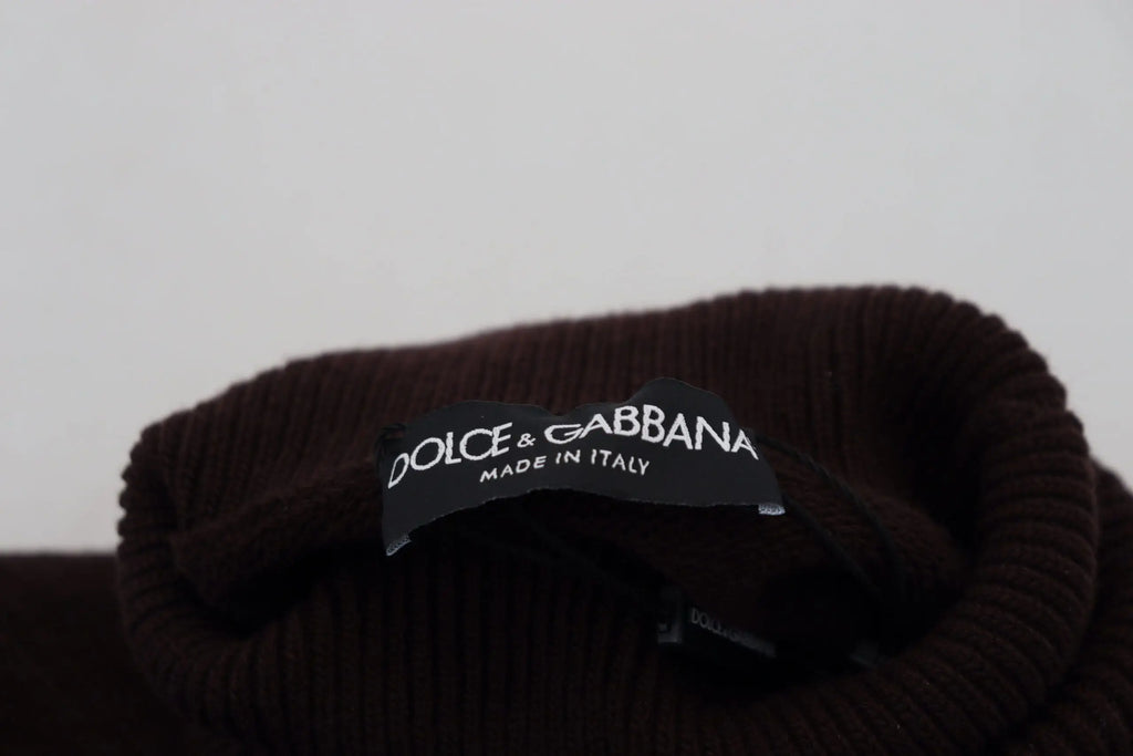 Pull à col roulé en laine marron dolce & gabbana avec étiquette noire made in italy sur tricot côtelé