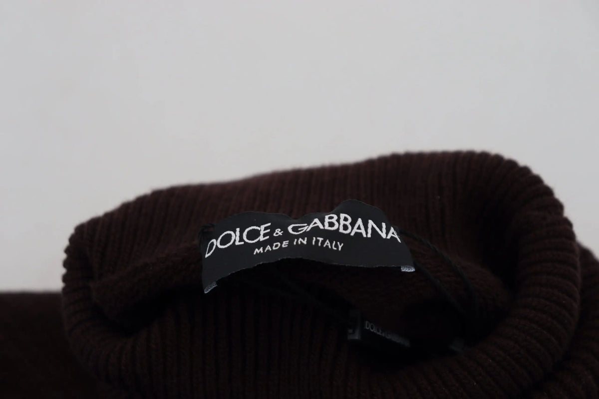 Pull à col roulé en laine marron dolce & gabbana avec étiquette noire made in italy sur tricot côtelé