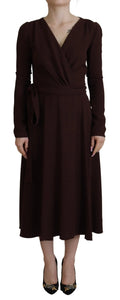 Robe midi marron dolce & gabbana en stretch avec manches longues, décolleté en v et ceinture assortie