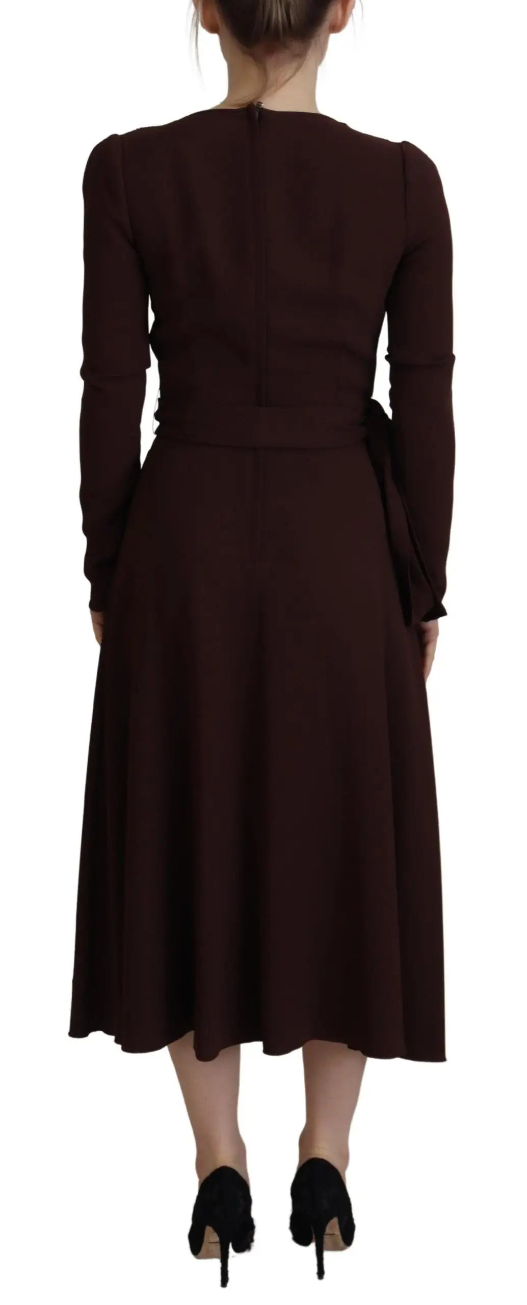 Robe midi marron dolce & gabbana en stretch avec manches longues, corsage ajusté et jupe évasée