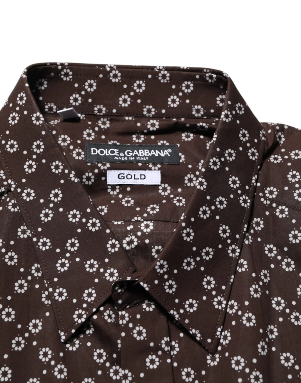 Chemise formelle marron dolce et gabbana avec col et motif floral blanc délicat en tissu doux