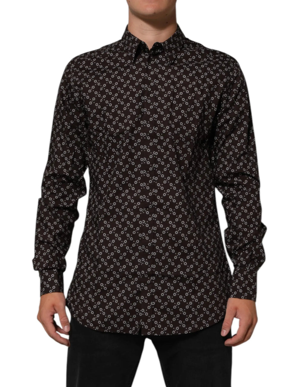 Chemise formelle dolce & gabbana noire à manches longues avec motif géométrique blanc subtil col brownfloral gold