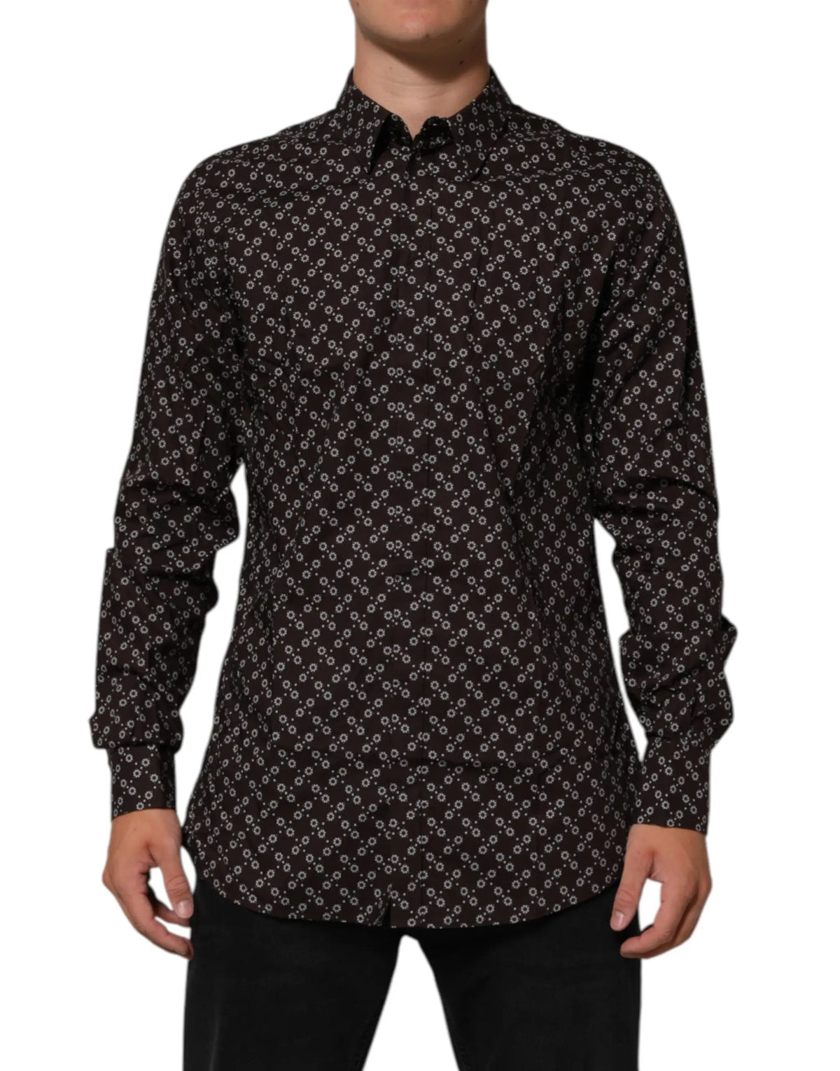 Chemise formelle dolce & gabbana brownfloral noire à manches longues avec motif géométrique blanc subtil