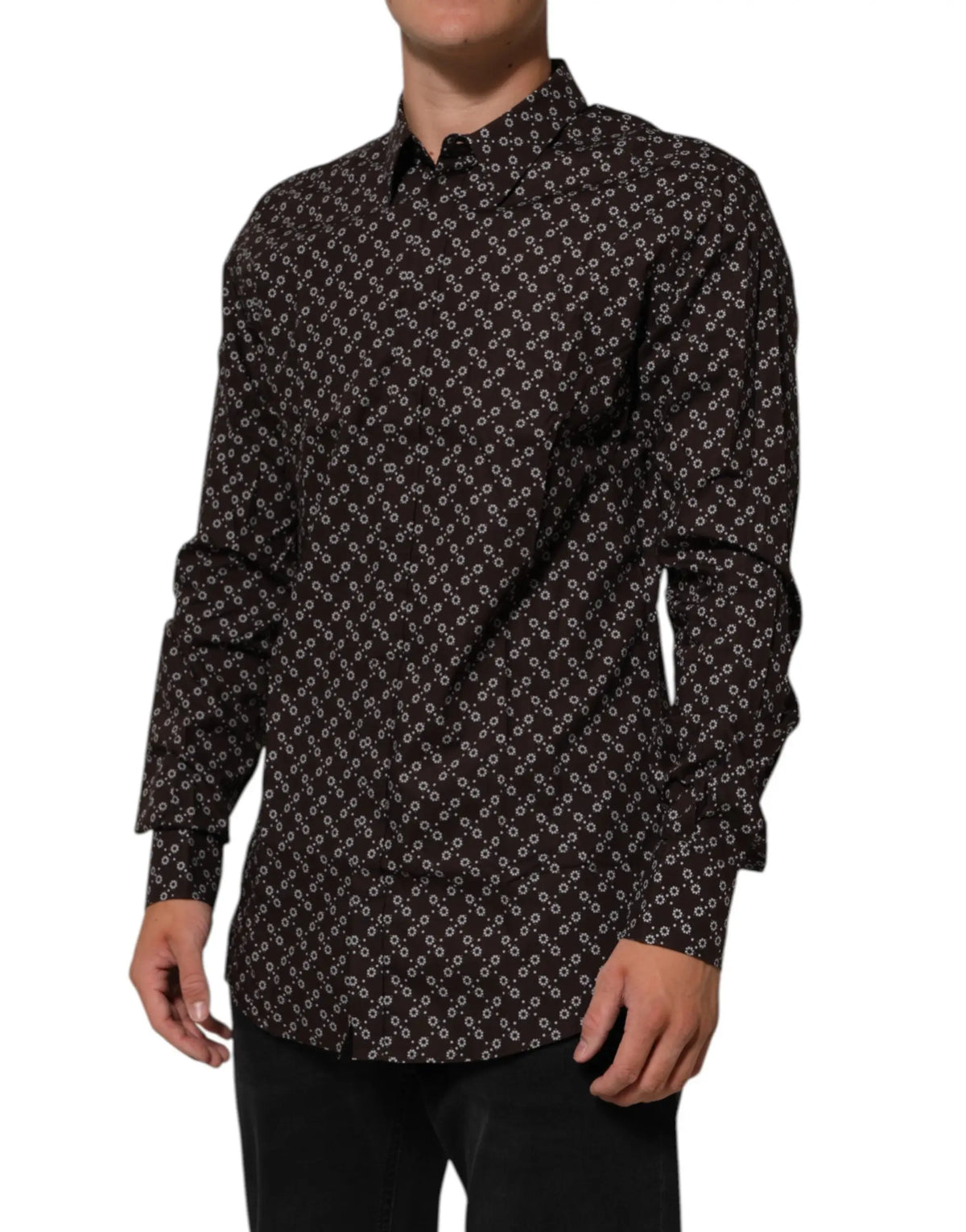 Chemise formelle dolce gabbana à col brun floral noire à manches longues avec motifs géométriques blancs subtils
