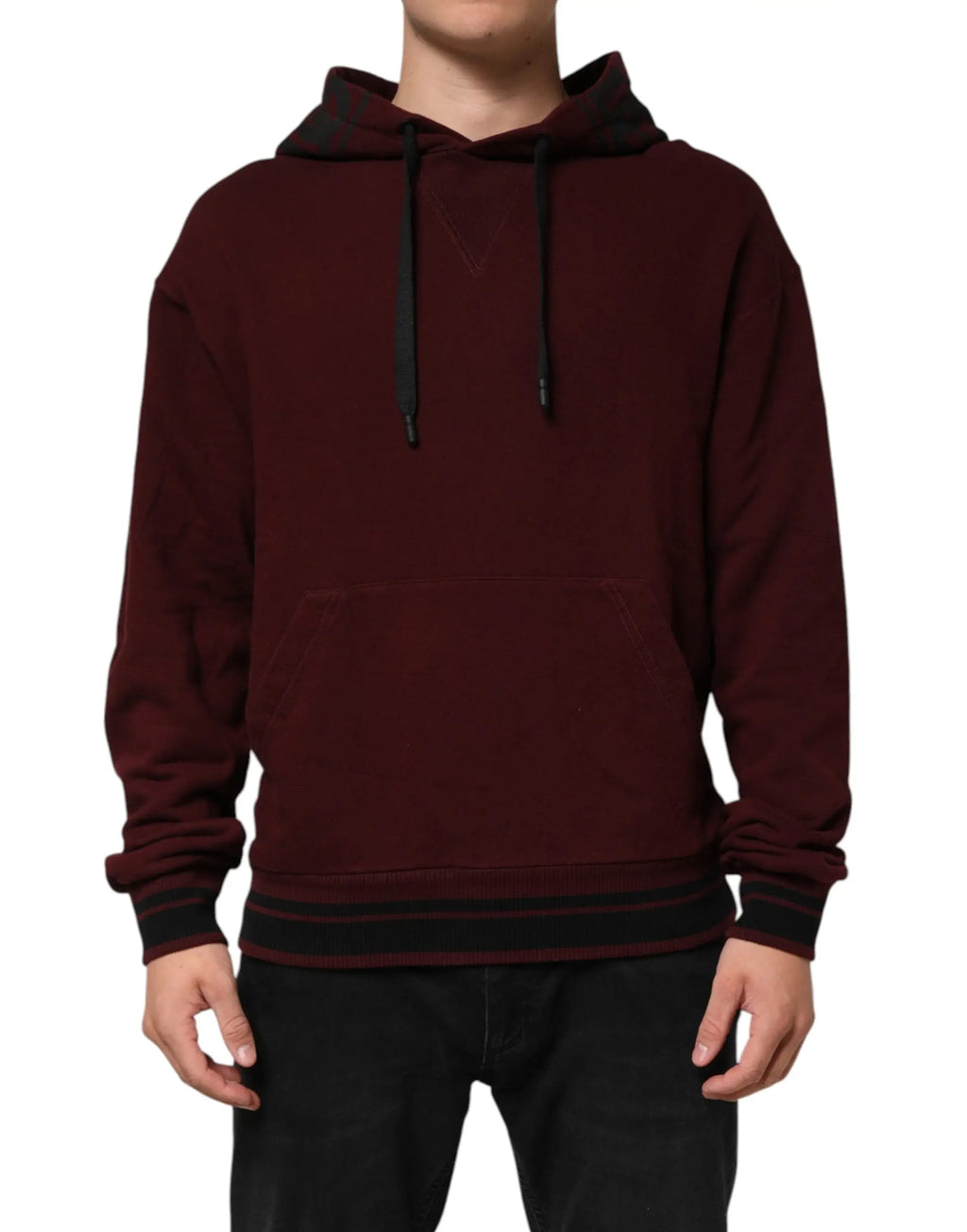 Dolce & gabbana sweat à capuche homme bordeaux en coton avec doublure à carreaux noir aux cordons et bordures noires