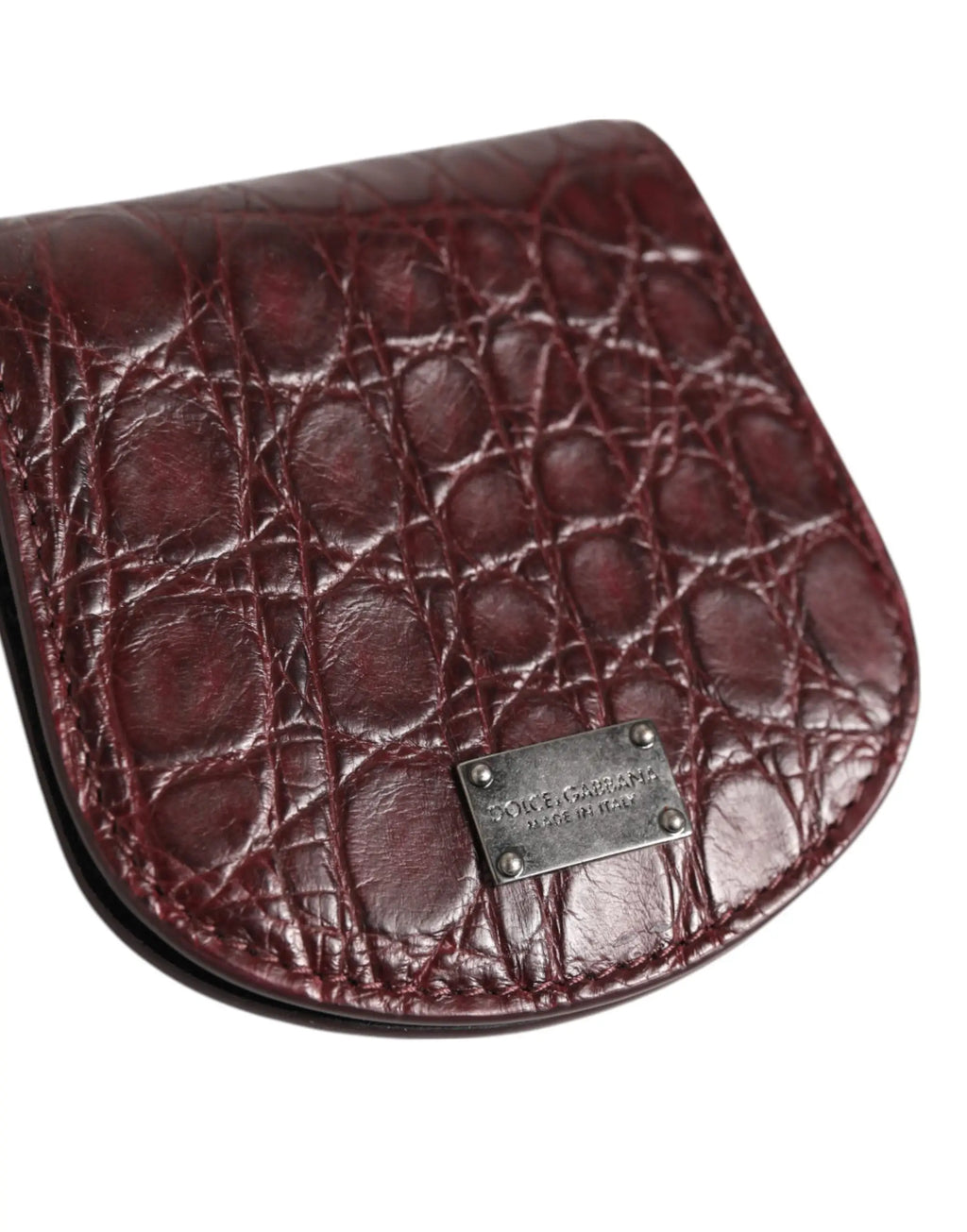 Mini portefeuille dolce & gabbana bordeaux en cuir embossé crocodile avec plaque métallique logo pour pièces de monnaie
